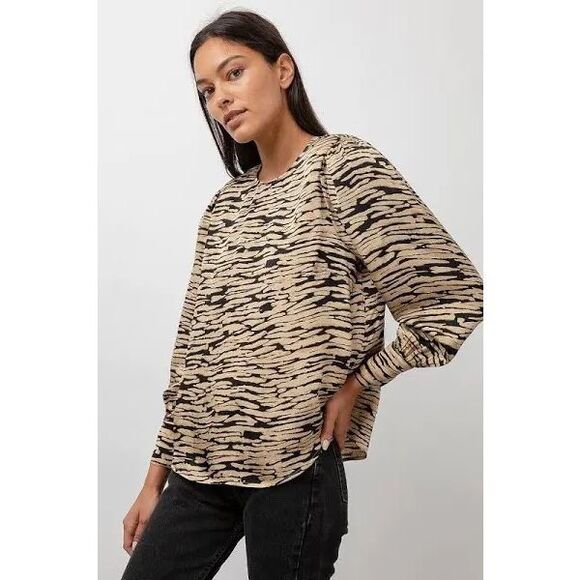 Rails Rozz Canyon Gold Black Animal Stripe Satin Puff Sleeve Blouse Womens Small - Picture 8 of 16
